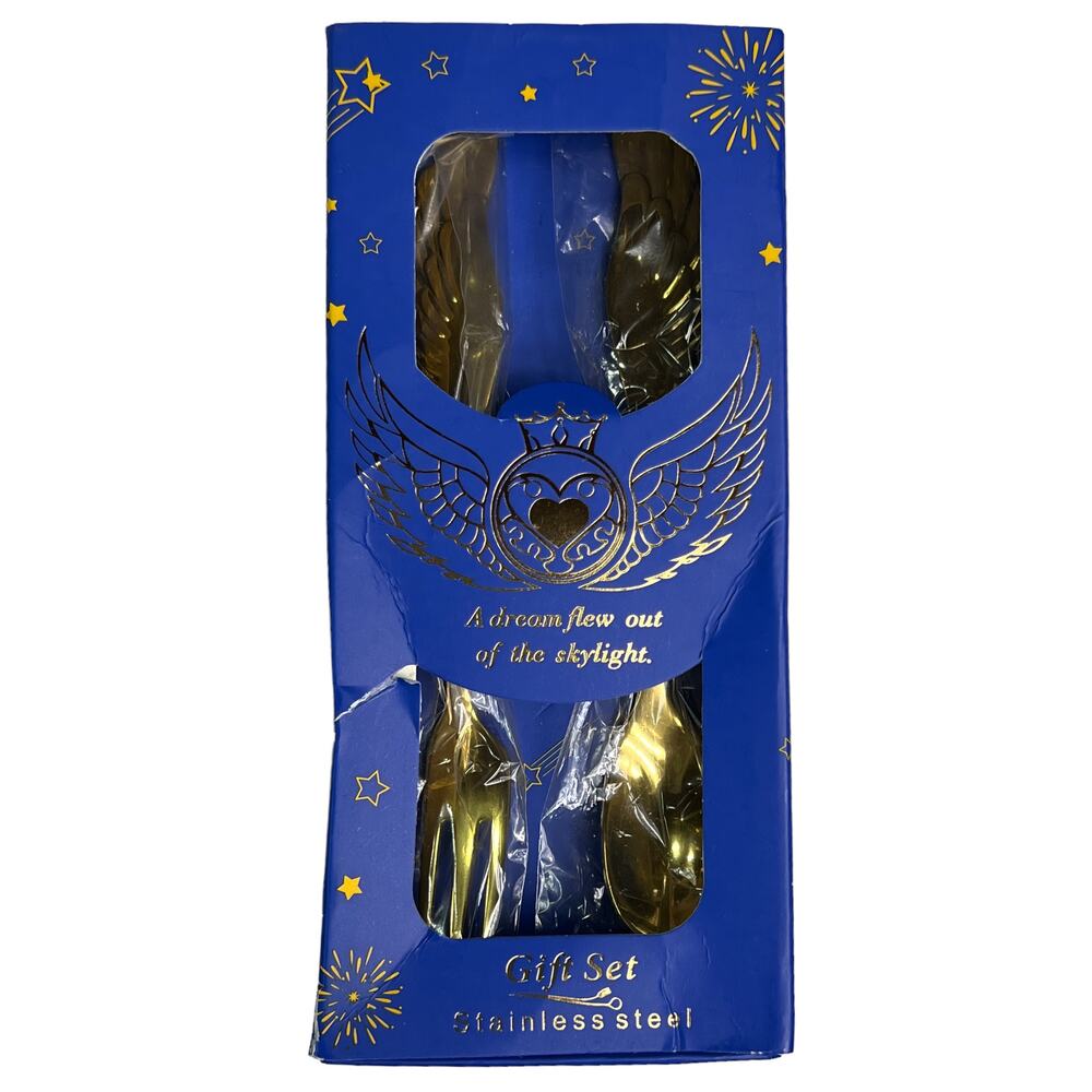 Angel Wings Children's Fork & Spoon Cutlery Gift Set Stainless Steel Gold Plated - Picture 6 of 14